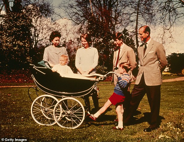 Queen Elizabeth II and Prince Philip with (right to left) Charles, Andrew, Anne and Edward celebrating the Queen's 39th birthday at Windsor in 1965