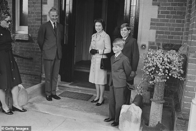 Queen Elizabeth II with her sons Prince Andrew (behind) and Prince Edward as they leave for school
