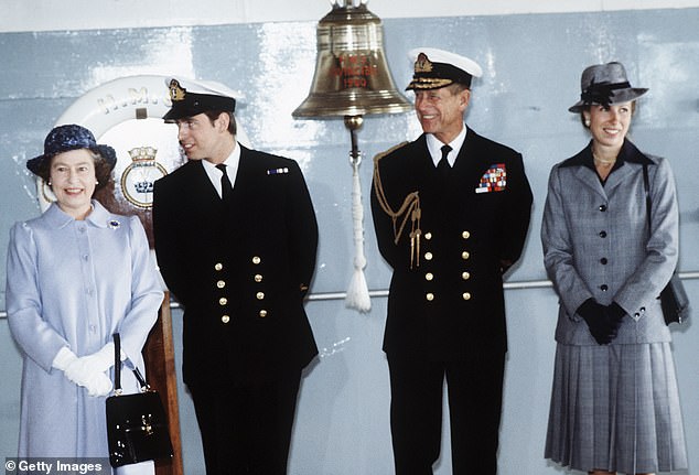 Queen Elizabeth II with Prince Andrew, Prince Philip and Princess Anne aboard HMS Invincible