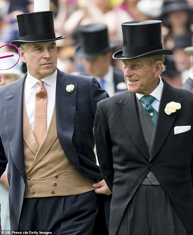 Royal biographer Robert Lacey wrote that the Prince's 'dubious choice of business contacts came to shadow his reputation'. Andrew and Philip are pictured in June 2014