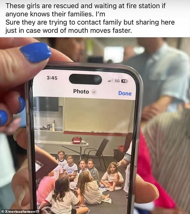 An image also appeared online from a group of unidentified girls who were rescued from the floods, where the girls looked frightened as they sat on the floor of a local firehouse