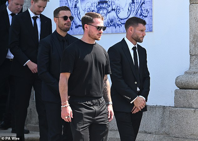 Liverpool stars Jordan Henderson, Alexis Mac Allister and James Milner leave the funeral of Diogo Jota and Andre Silva at Igreja Matriz de Gondomar