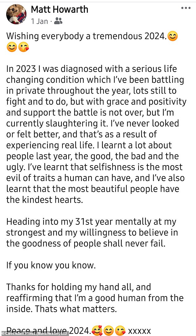 A social media post from Howarth stated that he had been 'battling' his cancer diagnosis