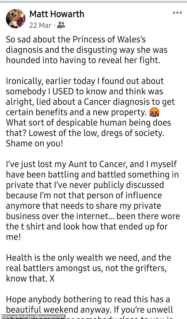 In another post, Howarth shamelessly referenced the Princess of Wales' cancer treatment