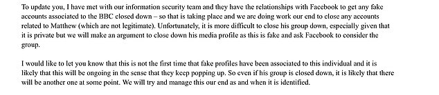 An extract from a letter sent by BBC's security team to a group member who complained that celebrity profiles appearing on Howarth's groups were fake