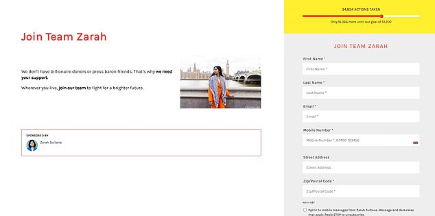 Ms Sultana has urged people to 'join our team' via the 'Team Zarah' sign-up form adding 'we need your support'