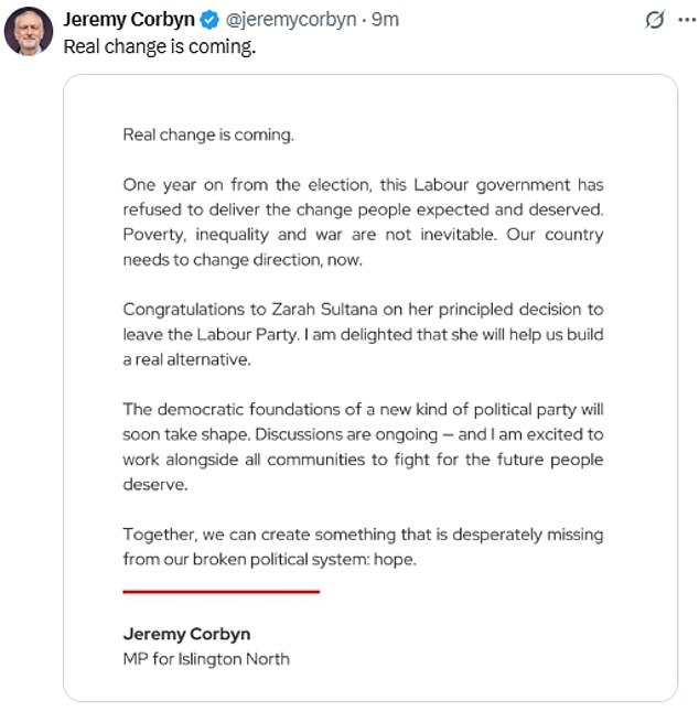 In a post on social media yesterday afternoon, Mr Corbyn said: 'Real change is coming'
