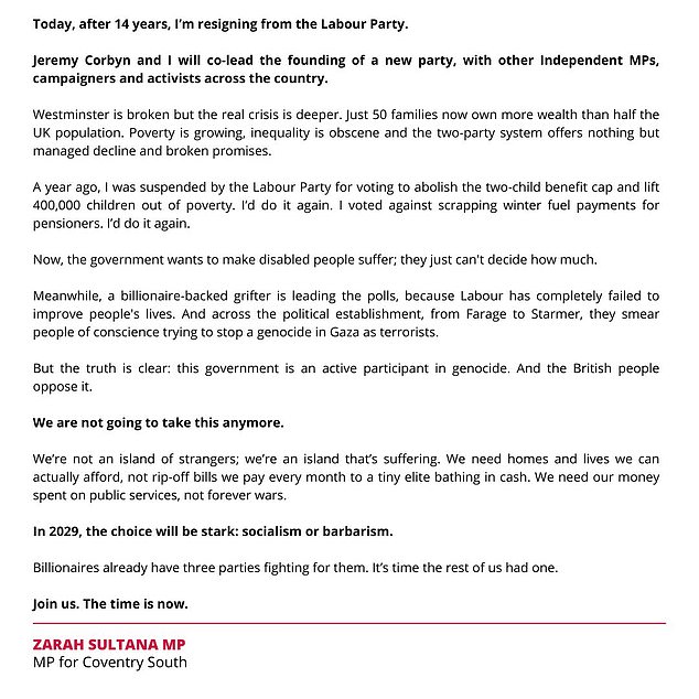Ms Sultana added: 'Westminster is broken but the real crisis is deeper' and the 'two-party system offers nothing but managed decline and broken promises'