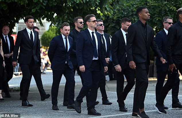Curtis Jones (left) Jordan Henderson (third from left), James Milner (third from right) and Ryan Gravenberch (right) arrive at the funeral of Diogo Jota and Andre Silva