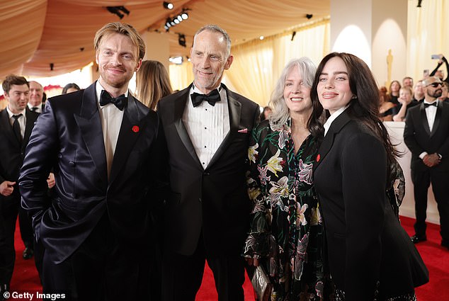 (L-R) Finneas O'Connell, Patrick O'Connell, Maggie Baird and Billie Eilish all pictured together at the 96th Academy Awards