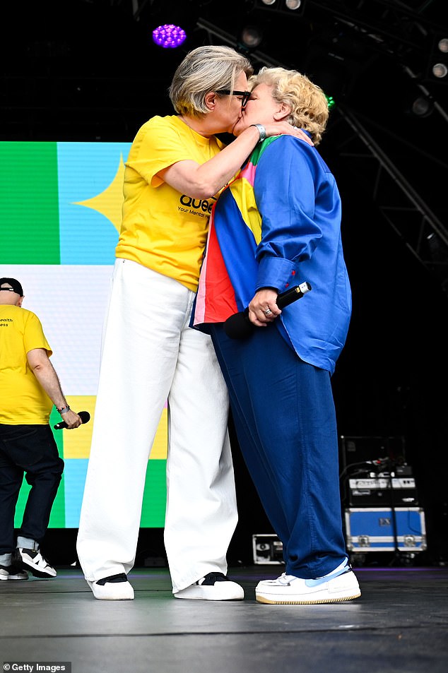 Former Great British Bake Off host Sandi Toksvig took part in this year's event and proudly kissed her wife Debbie on the main stage as the gathered crowd cheered