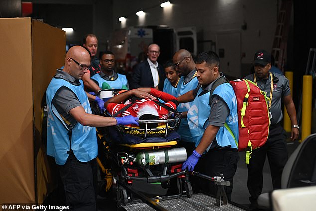 Musiala was quickly taken off the field on a stretcher before being taken towards an ambulance