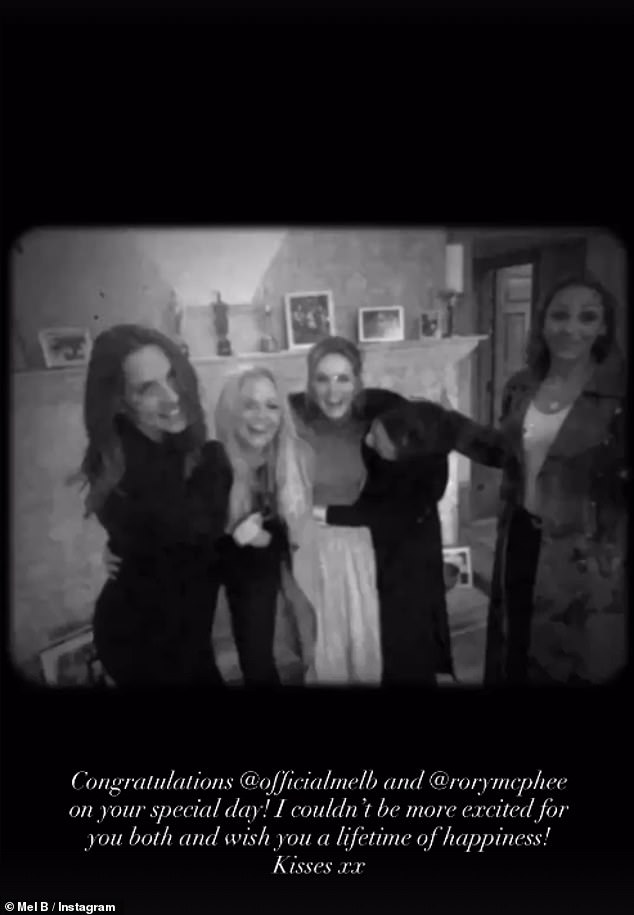 Despite her absence, Posh, 51, took to Instagram to share a sweet black and white throwback of herself and the bride with bandmates Geri, Mel C and Emma