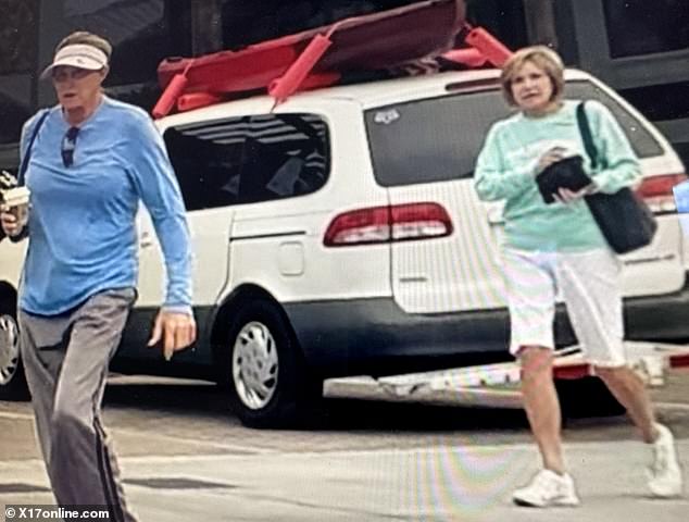 Jenner looked somber as she strode ahead of Sophia's mother. Caitlyn wore a long-sleeved blue t-shirt with grey pants and a visor while Sophia's mom wore a long-sleeved green t-shirt and knee-length white shorts
