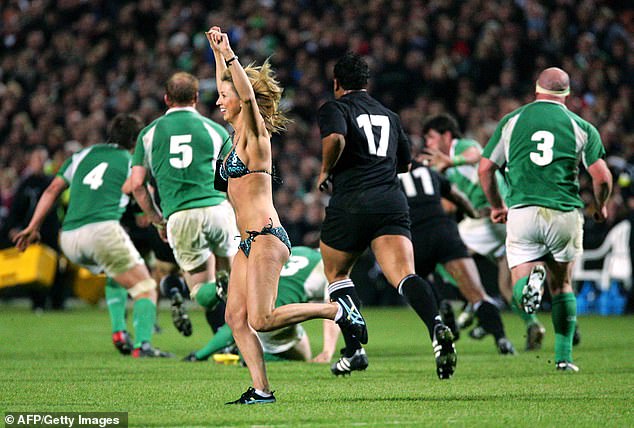 In 2006, wearing only a bikini, Ms Lewis ran onto the field during a rugby game between the All Blacks and Ireland in Hamilton, New Zealand