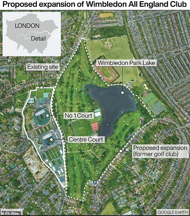 The proposed expansion will include a new 8,000-seat stadium and 38 new grass courts on 73 acres of the former golf course that it has bought across the road