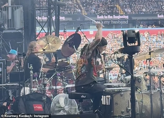 Kourtney Kardashian paid tribute to husband Travis Barker as he took part in a 'drum-off' with fellow drummers Chad Smith and Danny Carey during the show