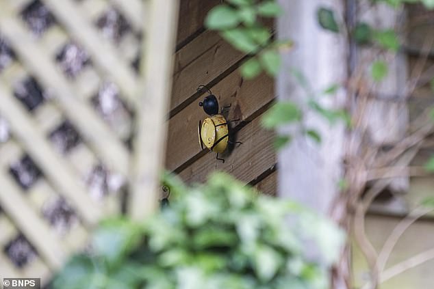 John Board bought a piece of vacant land behind his suburban house so he could triple the size of his garden and keep beehives. Pictured: : A bee decoration on John Board's shed seen through the fence