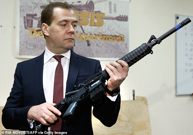 Senior Putin security official Dmitry Medvedev (pictured) - a former Russian president and ex-premier - lashed out on X: 'Rutte has clearly gorged on too many of the magic mushrooms beloved by the Dutch