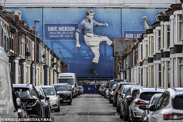 Everton's Goodison Park can be seen from Walton Road. Pictured: The stadium with former player Dave Hickson on it