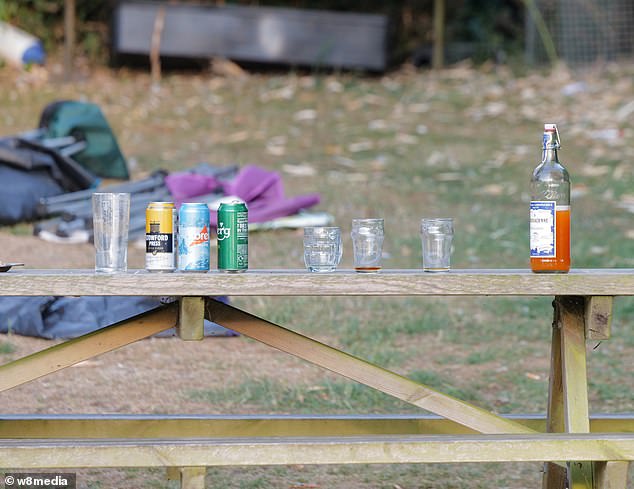 Empty pint glasses, cans of cider and lager, and a half-drunk bottle of La Mortuacienne Mandarin lemonade sat abandoned on a pub picnic bench