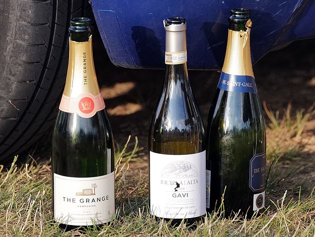 Empty bottles of £40 rose sparkling wine, and £28 M&S St Gall champagne stood upright on the grass