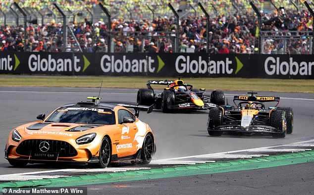 Piastri (right) was handed a 10-second penalty for slowing down behind the safety car