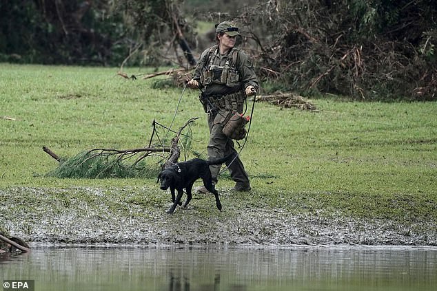Most of the devastation has been concentrated in Kerr County (pictured: a state trooper walking through Camp Mystic with a cadaver dog)