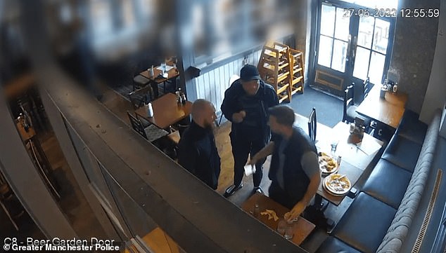 Reeve Steven, Steven Cleworth and John Belfield (left to right) are seen at a pub in Chadderton, Oldham on June 27 2022, as they conspire to kill Thomas Campbell