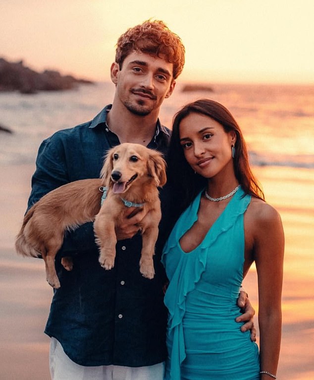 Charles Leclerc is pictured alongside girlfriend Alexandra Saint Mleux and their dog