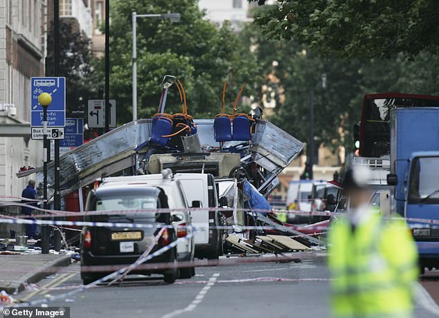 The rear of the bus that was destroyed by an explosion at Tavistock Square during a series of explosions which ripped through London