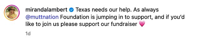 'Texas needs our help. As always @muttnation Foundation is jumping in to support, and if you'd like to join us please support our fundraiser,' she wrote in the captoon