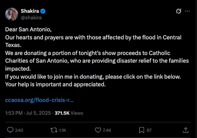 The Grammy-winning singer wrote on X: 'Dear San Antonio, Our hearts and prayers are with those affected by the flood in Central Texas'