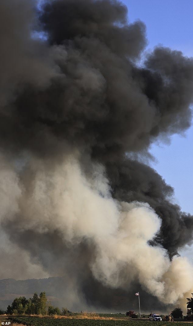 Cal Fire's arson and bomb investigation unit is leading the investigation into the mass casualty tragedy. Pictured: Smoke and flames rise during a fireworks warehouse explosion near Esparto, California