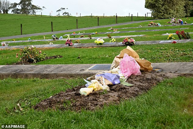 Flowers on the burial plots of Gail and Don Patterson at the Korumburra General Cemetery near Erin Patterson's Leongatha home where they were fatally poisoned a month earlier