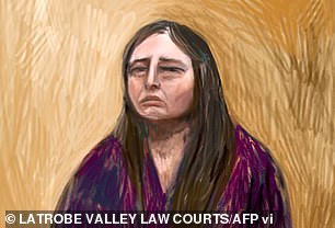 Sketch of Erin Patterson in the dock at her murder trial in country Victoria on charges of killing her in-laws
