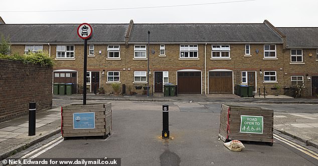Pictured: A side road on Vanbrugh Hill which has been closed off with planters and bollards