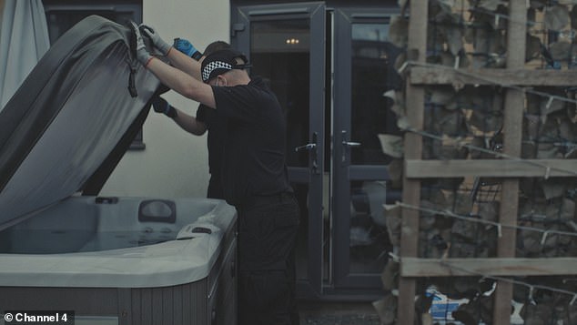 Officers inspect Craig France's hot tub during the investigation into the Peterborough rapist