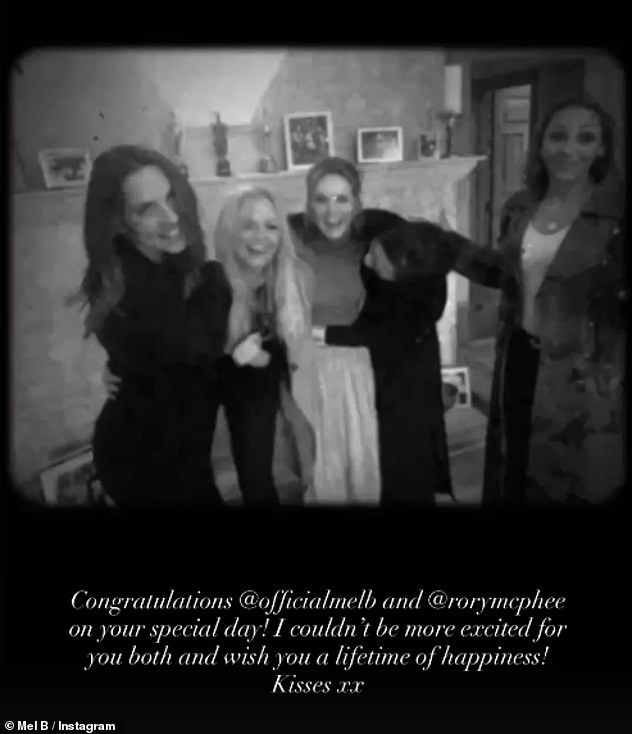 Despite her absence, Posh, 51, also took to Instagram to pay tribute - sharing a sweet black and white throwback of herself and the bride with bandmates Geri, Mel C and Emma