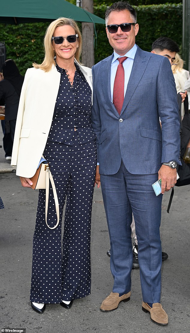 Meanwhile TV presenter Gabby, 52, was the epitome of chic in a navy polkadot co-cord which she wore with a cream blazer strewn over her shoulders