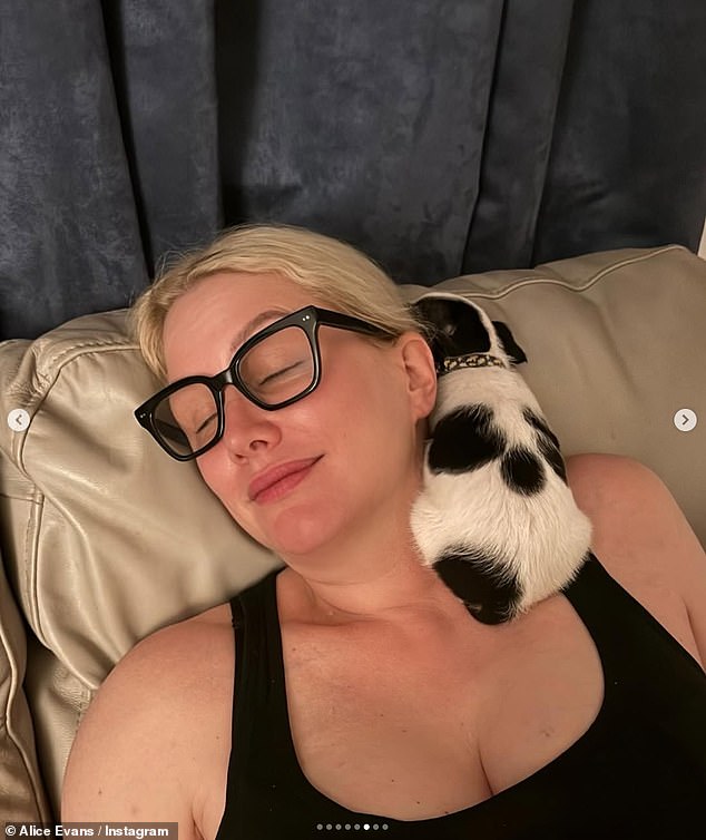 While the mother-of-two then shared a number of beaming photos with her brother and his puppy curled up on her neck, joking: 'New man, new life'