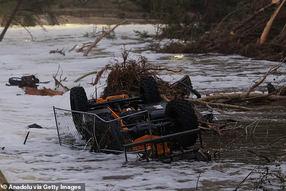 KERRVILLE, TEXAS - JULY 6: Construction equipment is seen caught in the Guadalupe River in the aftermath of deadly flooding in Kerrville, Texas on July 6, 2025. (Photo by Jorge Salgado/Anadolu via Getty Images)