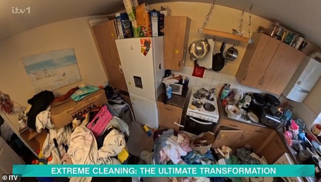Vicky told viewers: 'This is definitely an extreme clean. We are going to tackle the kitchen first. 'There's a lot going on in here' (pictured before the clean)