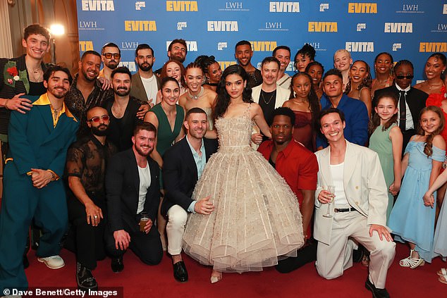 Zegler (centre) and Fernand (front, second from left) are seen with fellow castmates in Evita where it is believed they met when rehearsals began in April for Jamie Lloyd’s adaptation of the Tim Rice and Andrew Lloyd Webber musical