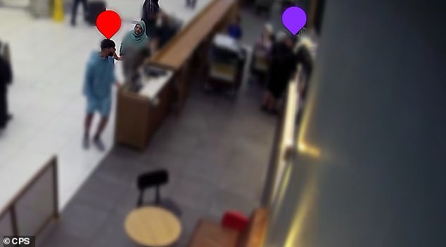 Jurors at Liverpool Crown Court were shown CCTV footage of Amaaz (red dot) lashing out at Abdulkareem Ismaeil in front of a number of children