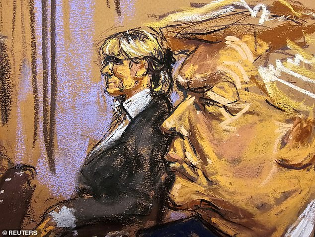 'All you have to do is sit in the courtroom and see Donald Trump waddle in - an old fat guy. He looked like an elderly gigolo coming covered in saffron makeup, and his hair like Tippi Hedren in The Birds,' says Carroll (pictured in a courtroom sketch with Trump in 2024).