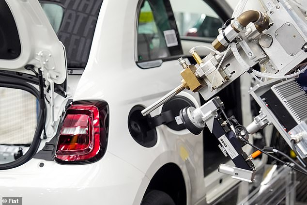 An image of the new 500 Hybrid in production at the Turin factory, with a fuel cap in situ for the first time on this latest generation of the iconic city car