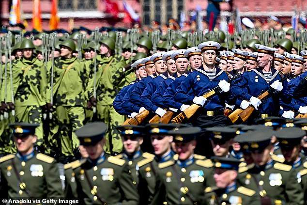Troops march during the Victory Day parade, held as part of the celebrations of the 80th anniversary of Victory in the Great Patriotic War at Red Square in Moscow, Russia on May 9, 2025