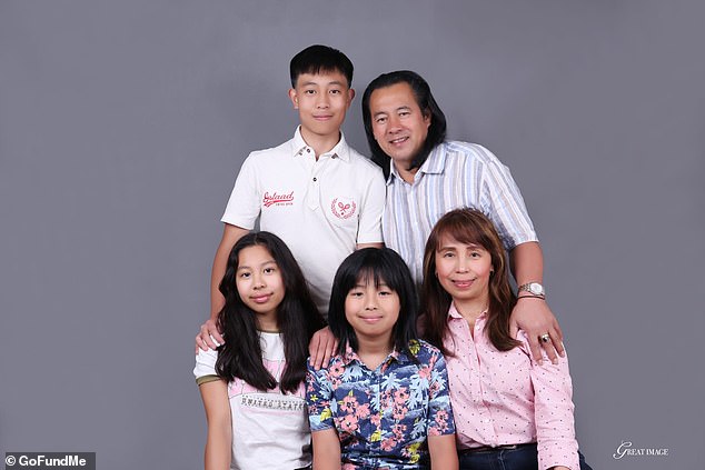 His heartbroken mother Minerva (bottom right), 50, a critical care nurse, told MailOnline she is clinging to hope that David is still alive and begged him to let her know he is safe (pictured left to right Faith, David, Daniel, Lorenzo, Minerva)