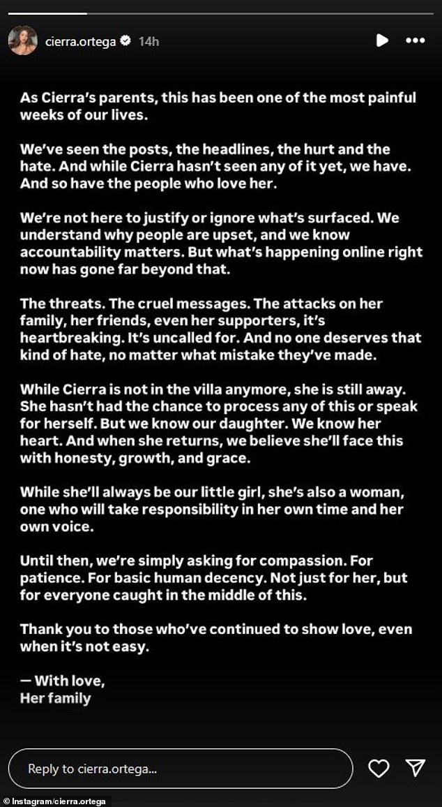 Ortega's family issued a statement following the backlash, in which they asked for 'compassion,' 'patience,' and 'basic human decency'